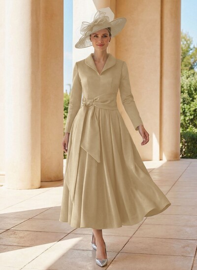 A-Line V-Neck Long Sleeves Ankle-Length Satin Mother Of The Bride Dresses With Bow(s)/Pleated