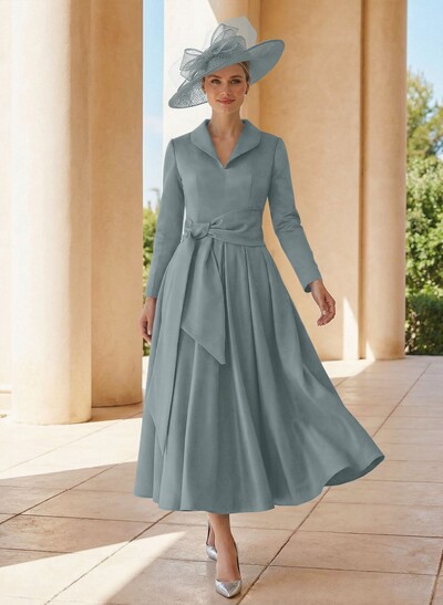A-Line V-Neck Long Sleeves Ankle-Length Satin Mother Of The Bride Dresses With Bow(s)/Pleated