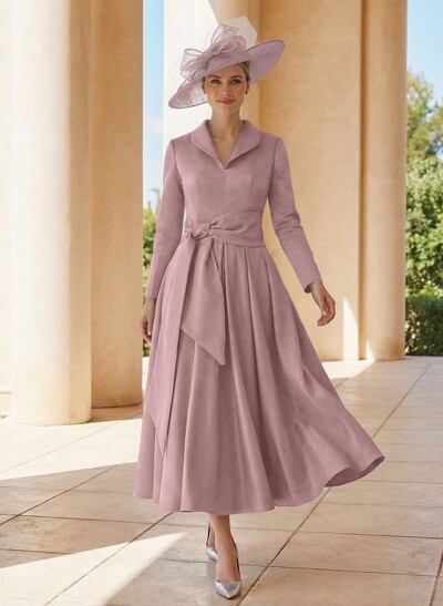 A-Line V-Neck Long Sleeves Ankle-Length Satin Mother Of The Bride Dresses With Bow(s)/Pleated