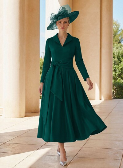 A-Line V-Neck Long Sleeves Ankle-Length Satin Mother Of The Bride Dresses With Bow(s)/Pleated