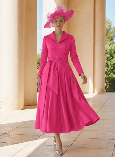 A-Line V-Neck Long Sleeves Ankle-Length Satin Mother Of The Bride Dresses With Bow(s)/Pleated