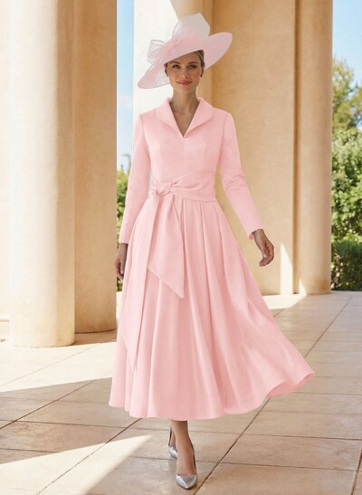 A-Line V-Neck Long Sleeves Ankle-Length Satin Mother Of The Bride Dresses With Bow(s)/Pleated