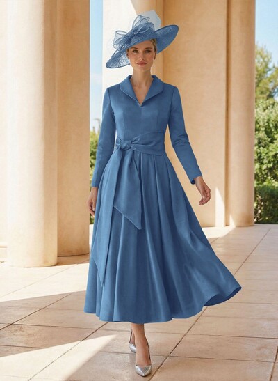 A-Line V-Neck Long Sleeves Ankle-Length Satin Mother Of The Bride Dresses With Bow(s)/Pleated