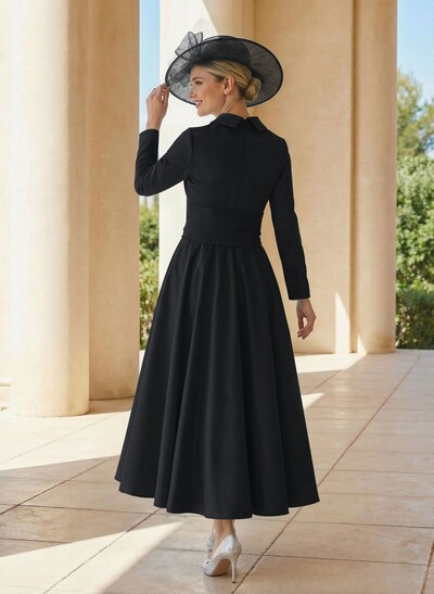 A-Line V-Neck Long Sleeves Ankle-Length Satin Mother Of The Bride Dresses With Bow(s)/Pleated