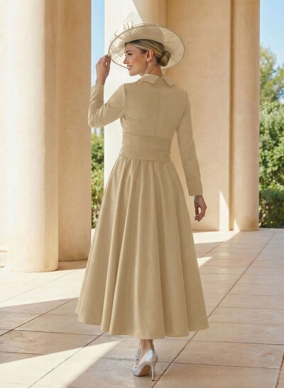 A-Line V-Neck Long Sleeves Ankle-Length Satin Mother Of The Bride Dresses With Bow(s)/Pleated
