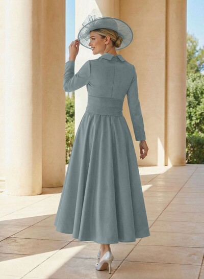 A-Line V-Neck Long Sleeves Ankle-Length Satin Mother Of The Bride Dresses With Bow(s)/Pleated