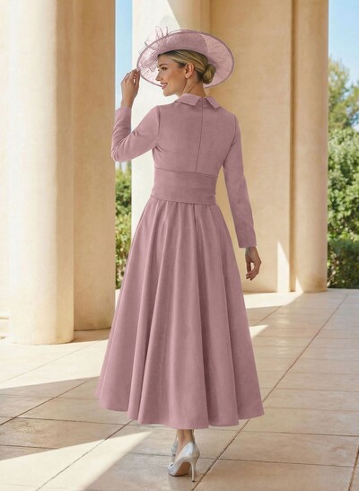 A-Line V-Neck Long Sleeves Ankle-Length Satin Mother Of The Bride Dresses With Bow(s)/Pleated