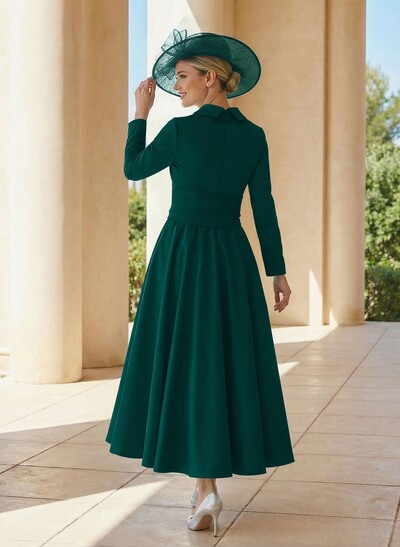 A-Line V-Neck Long Sleeves Ankle-Length Satin Mother Of The Bride Dresses With Bow(s)/Pleated