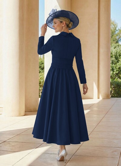 A-Line V-Neck Long Sleeves Ankle-Length Satin Mother Of The Bride Dresses With Bow(s)/Pleated