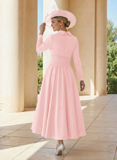 A-Line V-Neck Long Sleeves Ankle-Length Satin Mother Of The Bride Dresses With Bow(s)/Pleated
