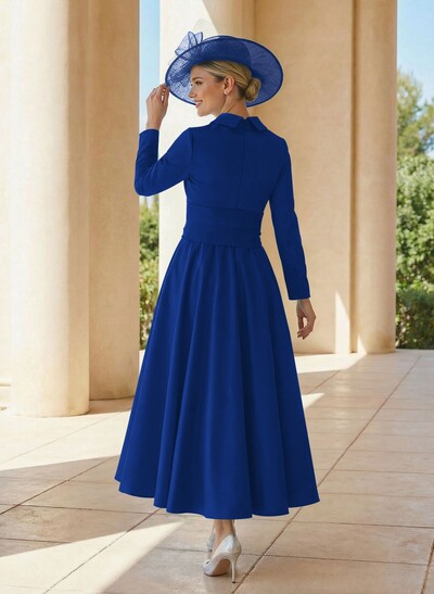 A-Line V-Neck Long Sleeves Ankle-Length Satin Mother Of The Bride Dresses With Bow(s)/Pleated
