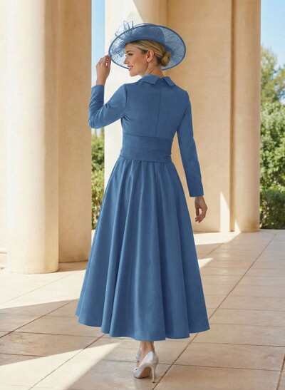 A-Line V-Neck Long Sleeves Ankle-Length Satin Mother Of The Bride Dresses With Bow(s)/Pleated