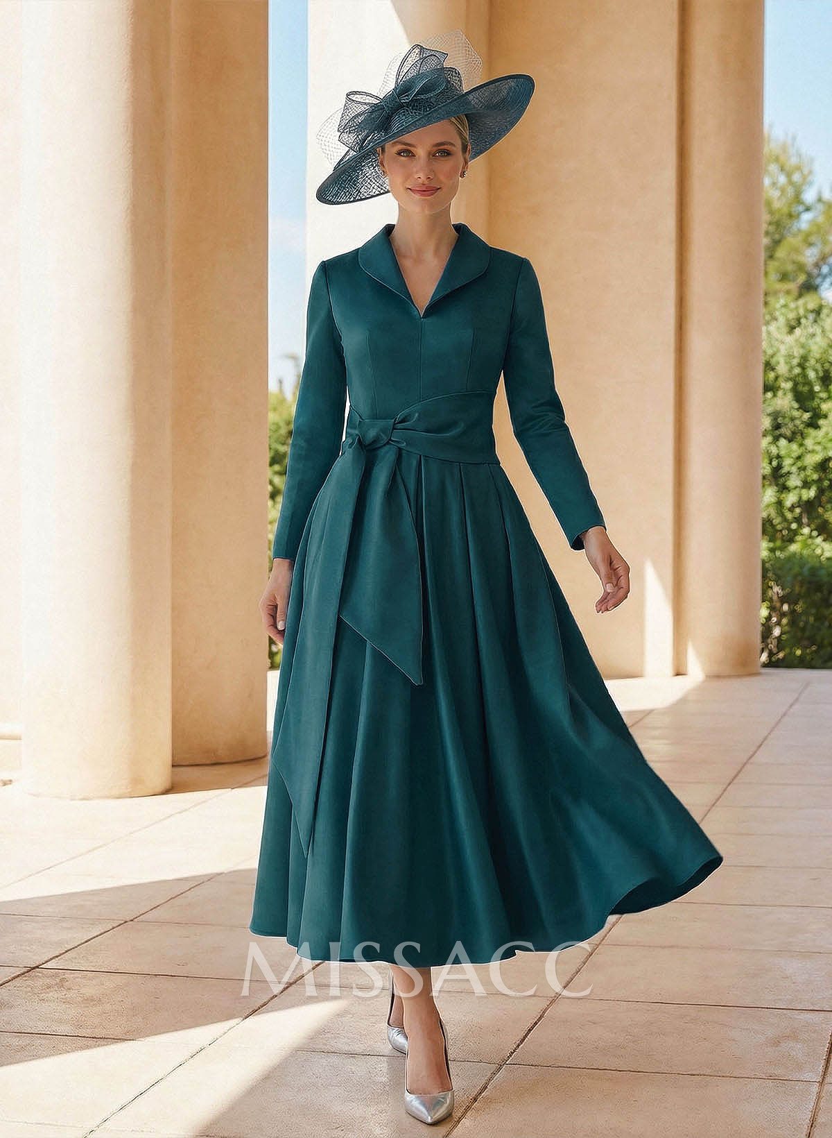 A-Line V-Neck Long Sleeves Ankle-Length Satin Mother Of The Bride Dresses With Bow(s)/Pleated
