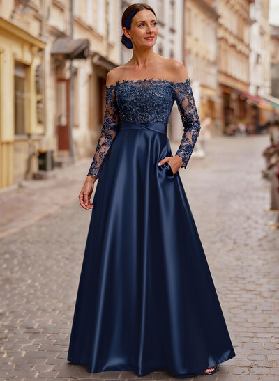 A-Line Off-The-Shoulder Long Sleeves Floor-Length Lace/Satin/Tulle Mother Of The Bride Dresses With Lace