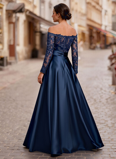A-Line Off-The-Shoulder Long Sleeves Floor-Length Lace/Satin/Tulle Mother Of The Bride Dresses With Lace