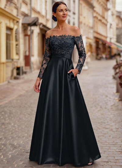 A-Line Off-The-Shoulder Long Sleeves Floor-Length Lace/Satin/Tulle Mother Of The Bride Dresses With Lace