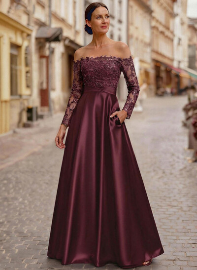 A-Line Off-The-Shoulder Long Sleeves Floor-Length Lace/Satin/Tulle Mother Of The Bride Dresses With Lace