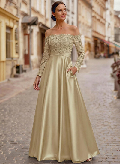 A-Line Off-The-Shoulder Long Sleeves Floor-Length Lace/Satin/Tulle Mother Of The Bride Dresses With Lace