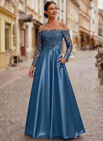 A-Line Off-The-Shoulder Long Sleeves Floor-Length Lace/Satin/Tulle Mother Of The Bride Dresses With Lace