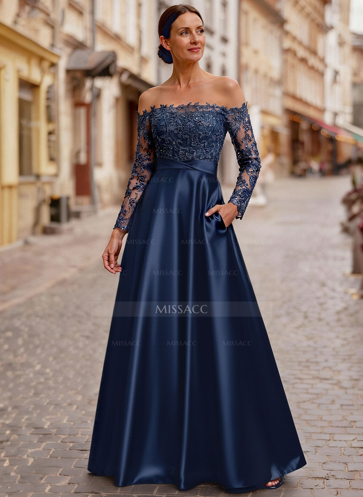 A-Line Off-The-Shoulder Long Sleeves Floor-Length Lace/Satin/Tulle Mother Of The Bride Dresses With Lace
