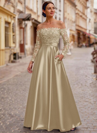 A-Line Off-The-Shoulder Long Sleeves Floor-Length Lace/Satin/Tulle Mother Of The Bride Dresses With Lace