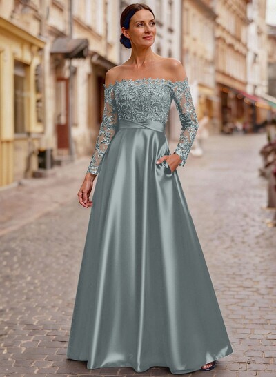 A-Line Off-The-Shoulder Long Sleeves Floor-Length Lace/Satin/Tulle Mother Of The Bride Dresses With Lace