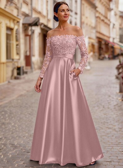 A-Line Off-The-Shoulder Long Sleeves Floor-Length Lace/Satin/Tulle Mother Of The Bride Dresses With Lace