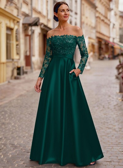 A-Line Off-The-Shoulder Long Sleeves Floor-Length Lace/Satin/Tulle Mother Of The Bride Dresses With Lace