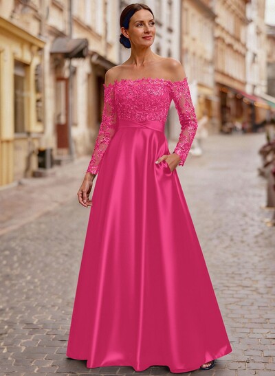 A-Line Off-The-Shoulder Long Sleeves Floor-Length Lace/Satin/Tulle Mother Of The Bride Dresses With Lace