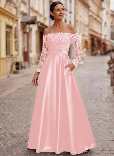 A-Line Off-The-Shoulder Long Sleeves Floor-Length Lace/Satin/Tulle Mother Of The Bride Dresses With Lace