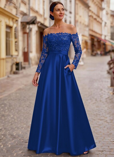 A-Line Off-The-Shoulder Long Sleeves Floor-Length Lace/Satin/Tulle Mother Of The Bride Dresses With Lace