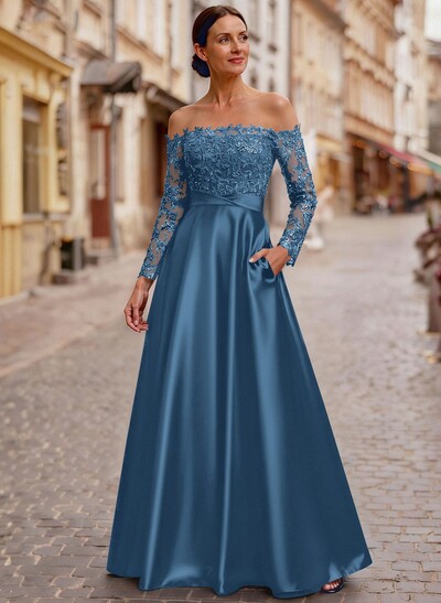 A-Line Off-The-Shoulder Long Sleeves Floor-Length Lace/Satin/Tulle Mother Of The Bride Dresses With Lace