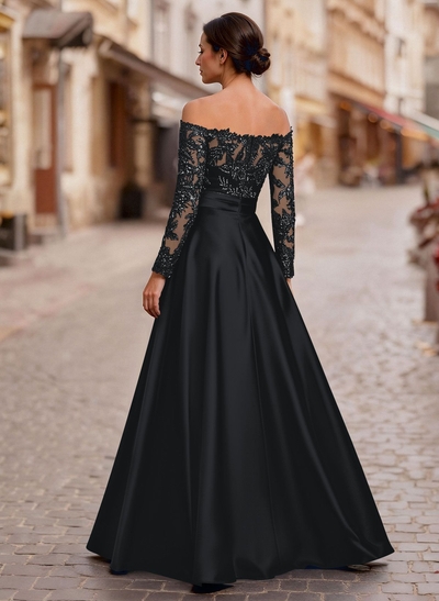 A-Line Off-The-Shoulder Long Sleeves Floor-Length Lace/Satin/Tulle Mother Of The Bride Dresses With Lace