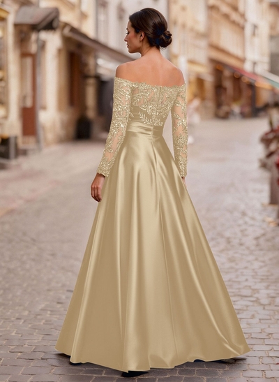 A-Line Off-The-Shoulder Long Sleeves Floor-Length Lace/Satin/Tulle Mother Of The Bride Dresses With Lace