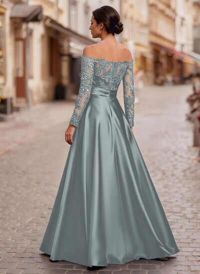 A-Line Off-The-Shoulder Long Sleeves Floor-Length Lace/Satin/Tulle Mother Of The Bride Dresses With Lace
