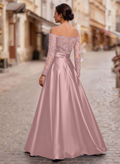 A-Line Off-The-Shoulder Long Sleeves Floor-Length Lace/Satin/Tulle Mother Of The Bride Dresses With Lace