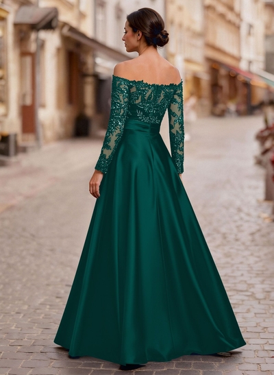 A-Line Off-The-Shoulder Long Sleeves Floor-Length Lace/Satin/Tulle Mother Of The Bride Dresses With Lace