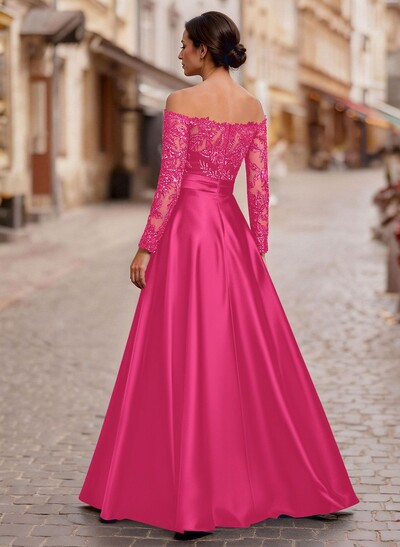 A-Line Off-The-Shoulder Long Sleeves Floor-Length Lace/Satin/Tulle Mother Of The Bride Dresses With Lace