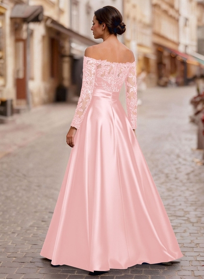 A-Line Off-The-Shoulder Long Sleeves Floor-Length Lace/Satin/Tulle Mother Of The Bride Dresses With Lace