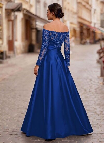A-Line Off-The-Shoulder Long Sleeves Floor-Length Lace/Satin/Tulle Mother Of The Bride Dresses With Lace