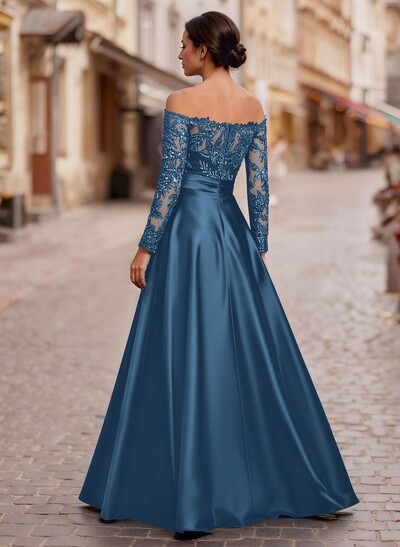A-Line Off-The-Shoulder Long Sleeves Floor-Length Lace/Satin/Tulle Mother Of The Bride Dresses With Lace