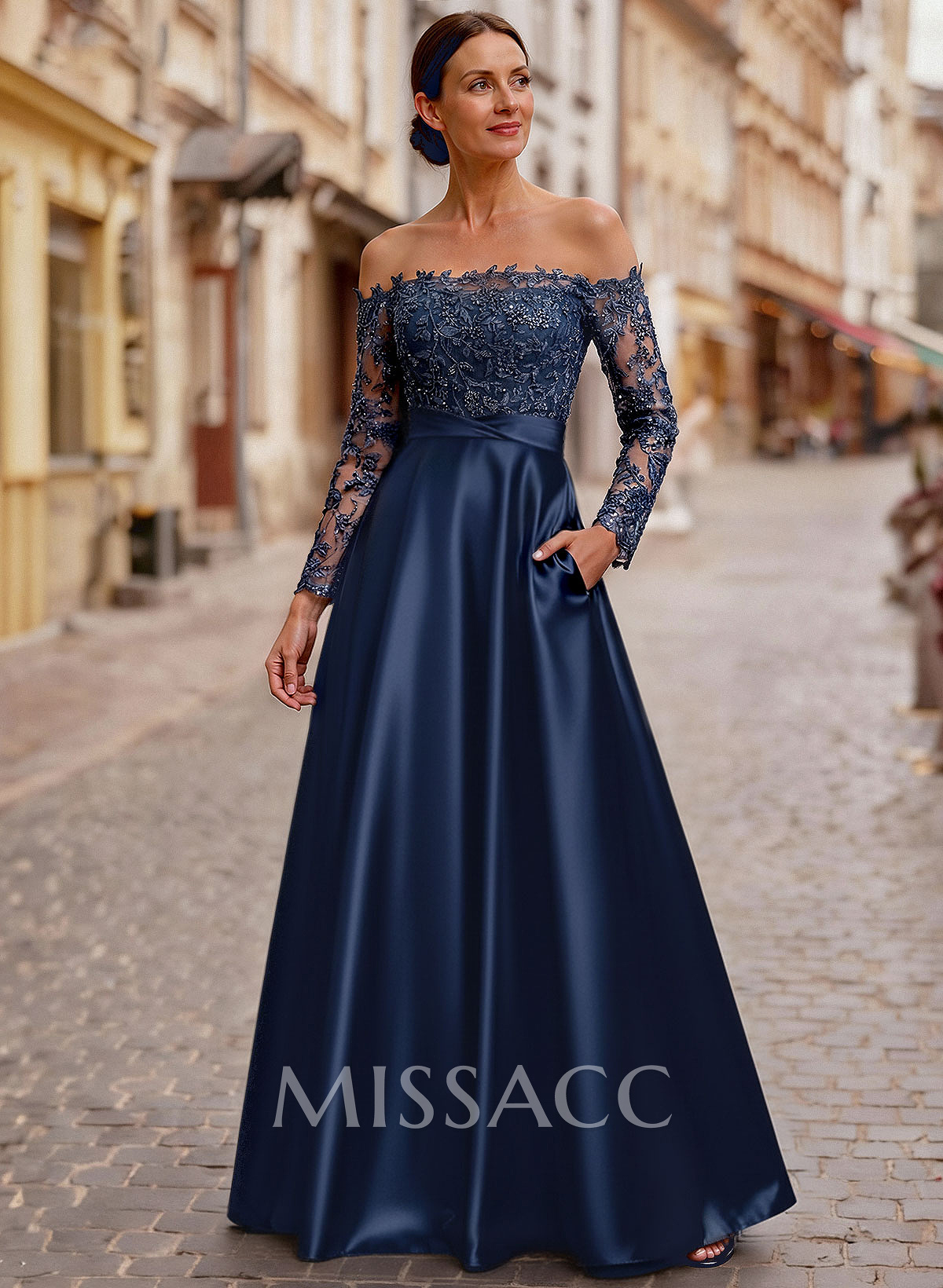 A-Line Off-The-Shoulder Long Sleeves Floor-Length Lace/Satin/Tulle Mother Of The Bride Dresses With Lace A-Line Off-The-Shoulder Long Sleeves Floor-Length Lace/Satin/Tulle Mother Of The Bride Dresses With Lace