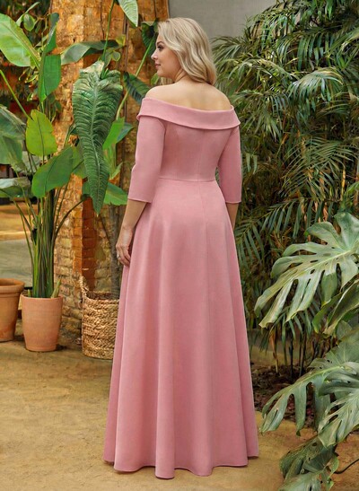 A-Line Off-The-Shoulder 3/4 Sleeves Floor-Length Crepe Satin Mother Of The Bride Dresses With Pockets/High Split