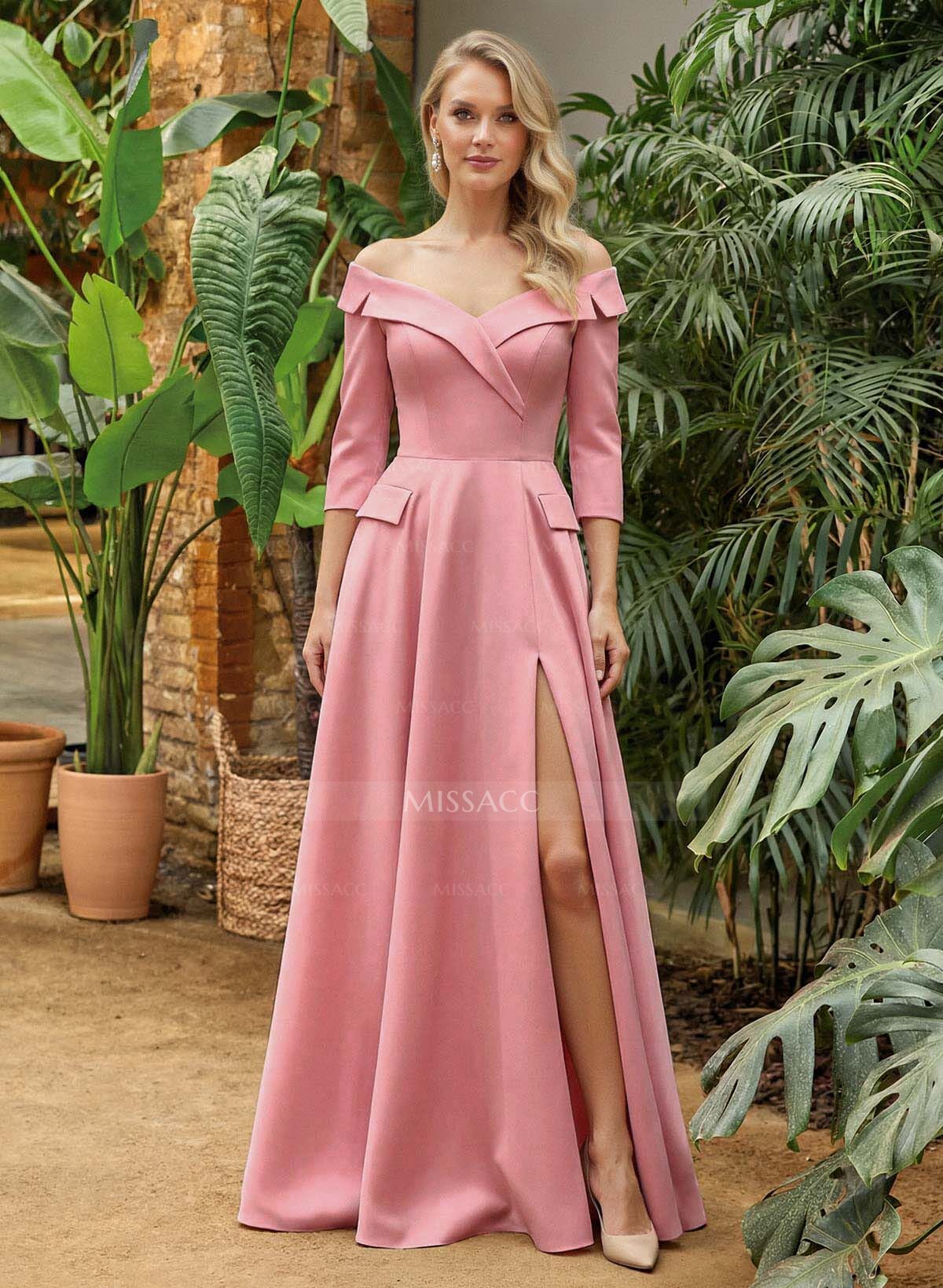 A-Line Off-The-Shoulder 3/4 Sleeves Floor-Length Crepe Satin Mother Of The Bride Dresses With Pockets/High Split