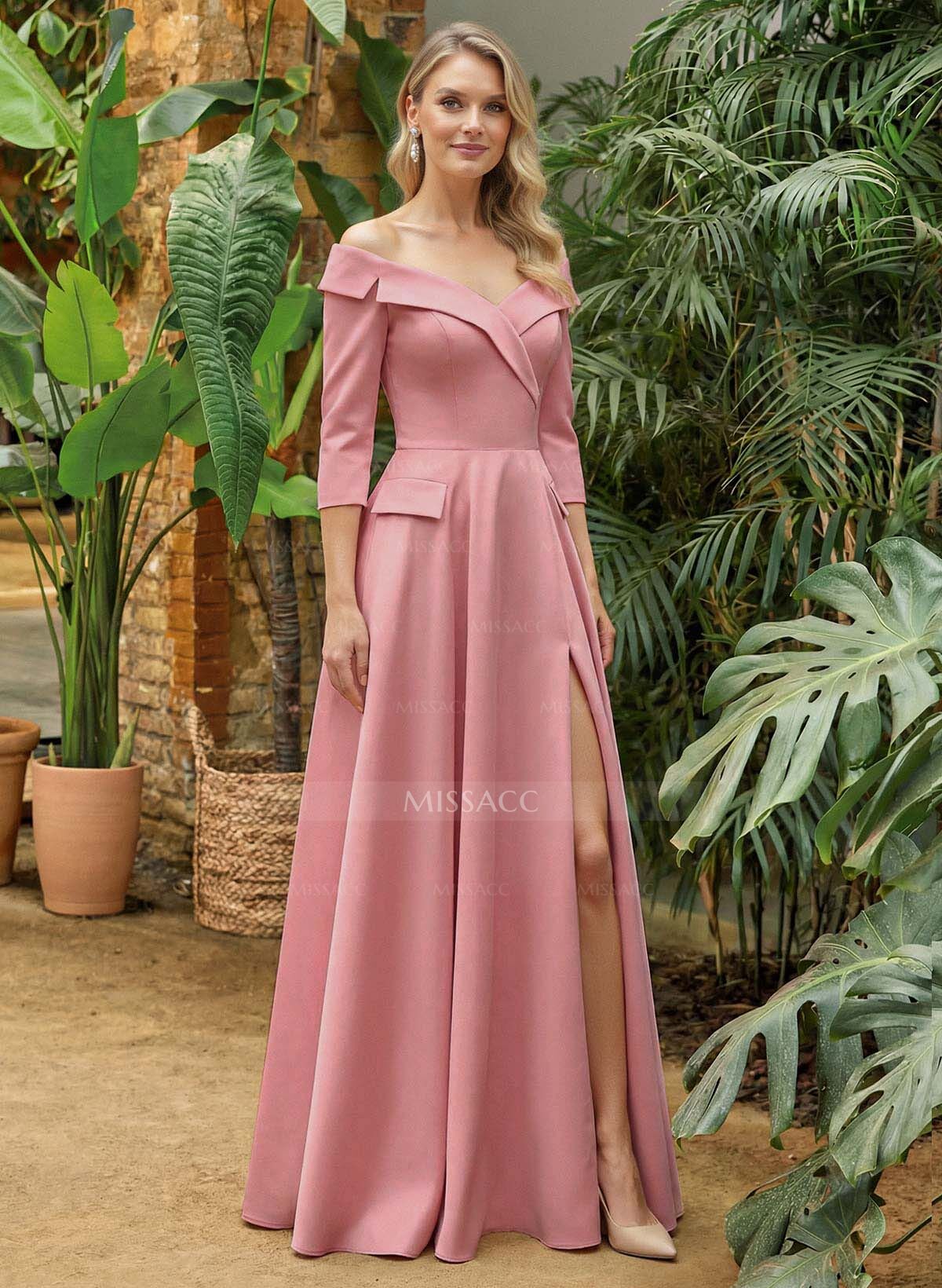 A-Line Off-The-Shoulder 3/4 Sleeves Floor-Length Crepe Satin Mother Of The Bride Dresses With Pockets/High Split
