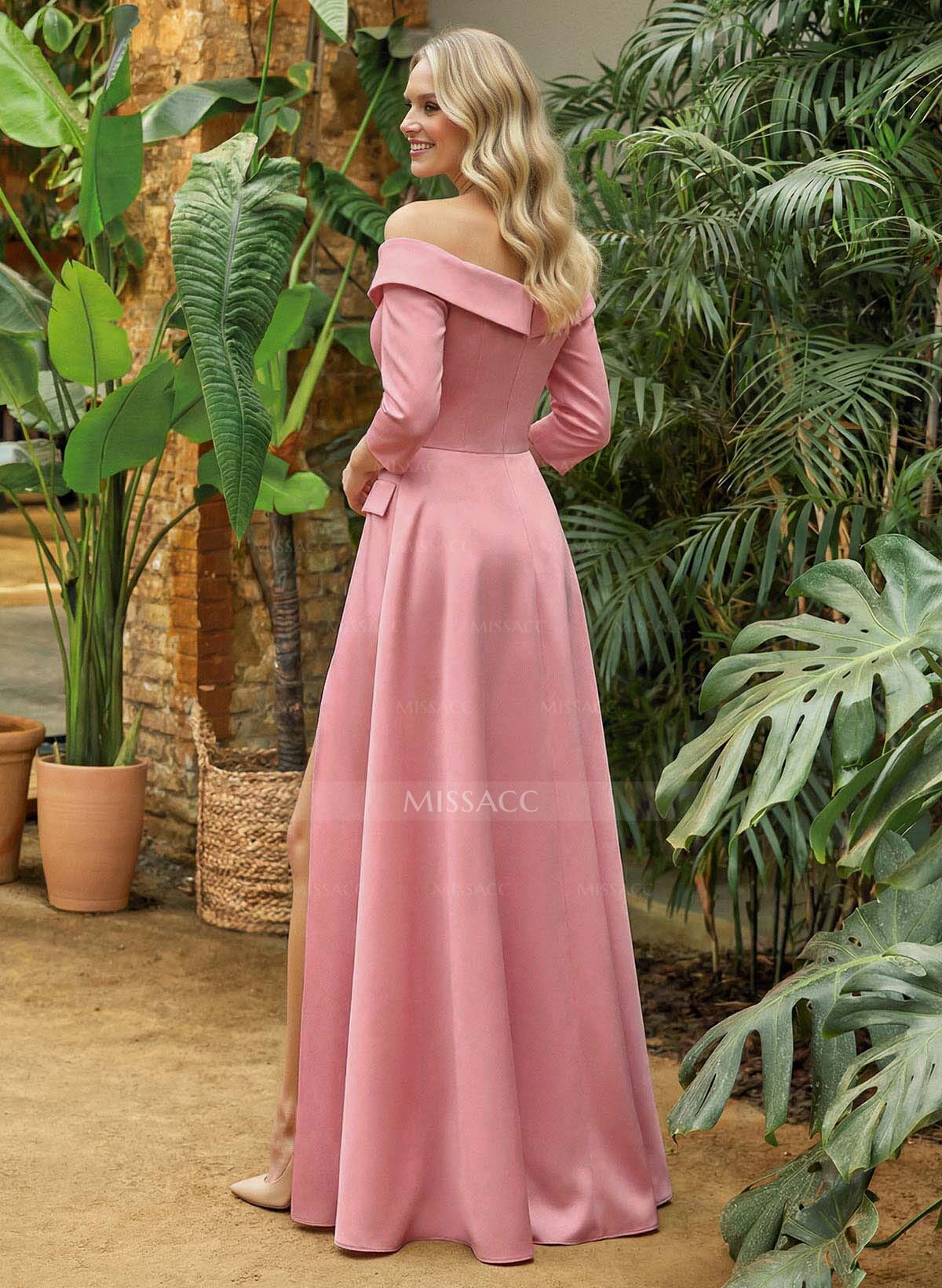 A-Line Off-The-Shoulder 3/4 Sleeves Floor-Length Crepe Satin Mother Of The Bride Dresses With Pockets/High Split