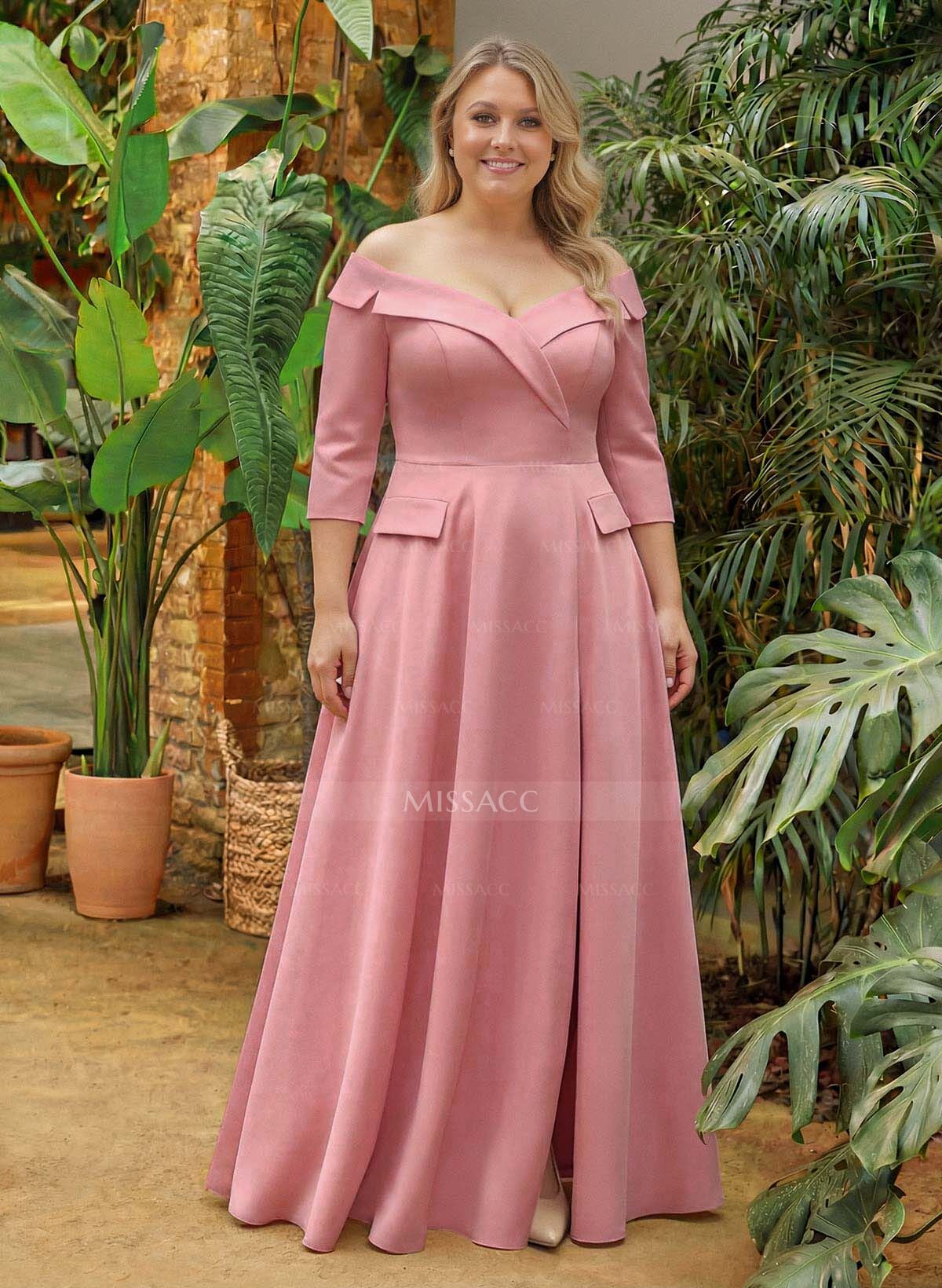 A-Line Off-The-Shoulder 3/4 Sleeves Floor-Length Crepe Satin Mother Of The Bride Dresses With Pockets/High Split