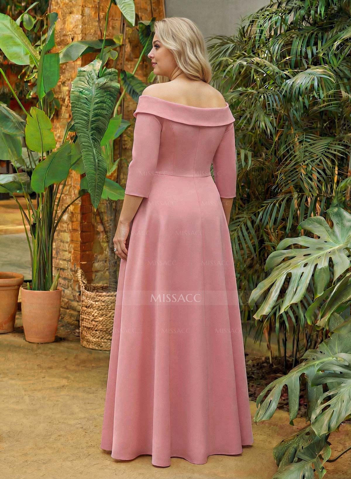 A-Line Off-The-Shoulder 3/4 Sleeves Floor-Length Crepe Satin Mother Of The Bride Dresses With Pockets/High Split