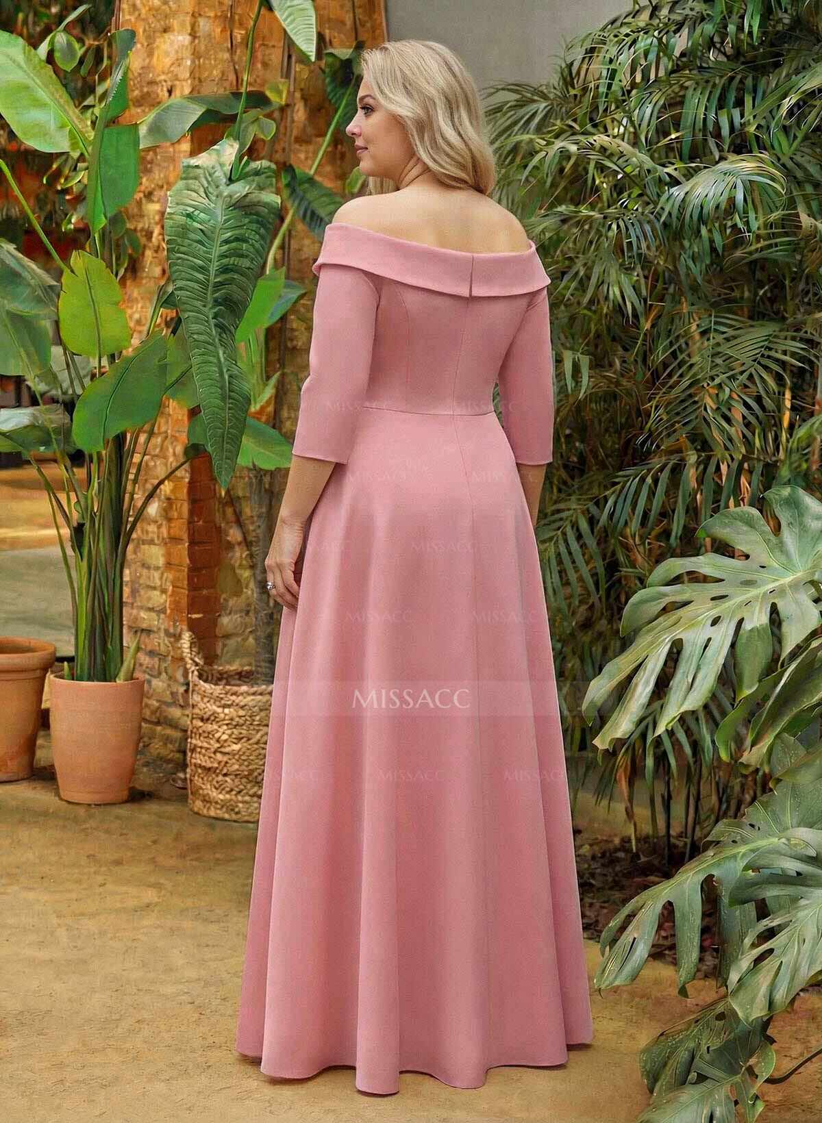 A-Line Off-The-Shoulder 3/4 Sleeves Floor-Length Crepe Satin Mother Of The Bride Dresses With Pockets/High Split