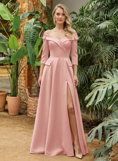 A-Line Off-The-Shoulder 3/4 Sleeves Floor-Length Crepe Satin Mother Of The Bride Dresses With Pockets/High Split